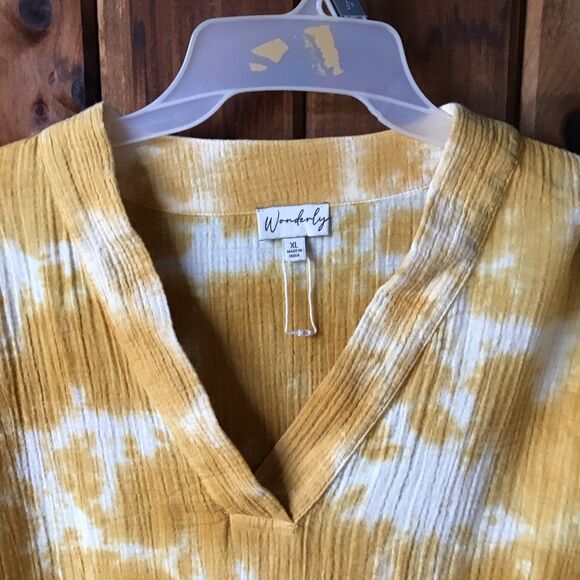 Wonderly Yellow Tie Dye Top XL V Neck Short Sleeve Cotton Gauze NWOT - Picture 2 of 6